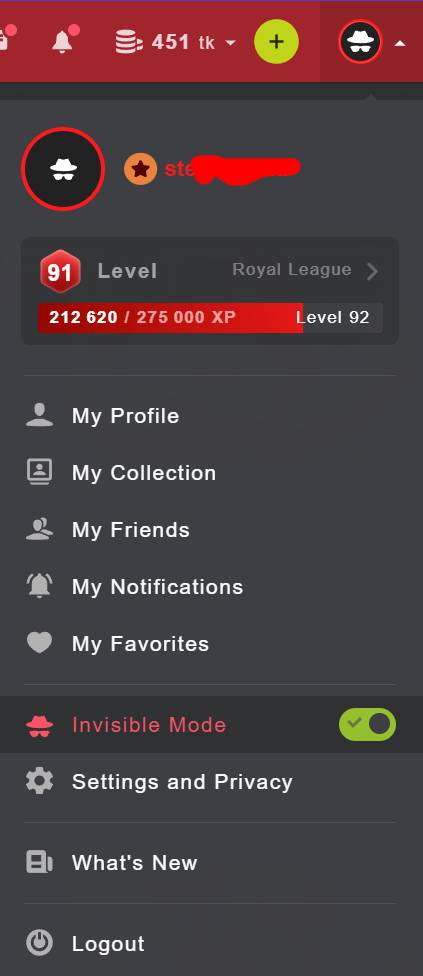 User profile menu on stripchat