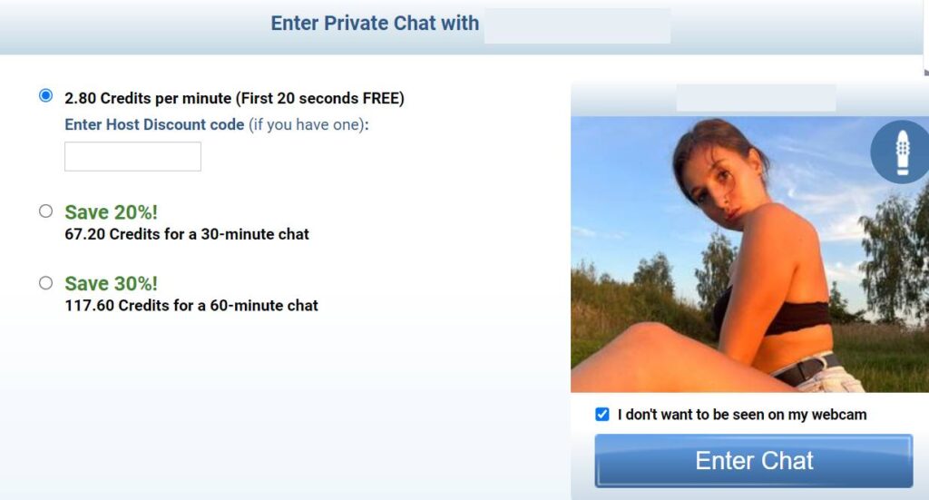 prepaid private chat session option on Imlive